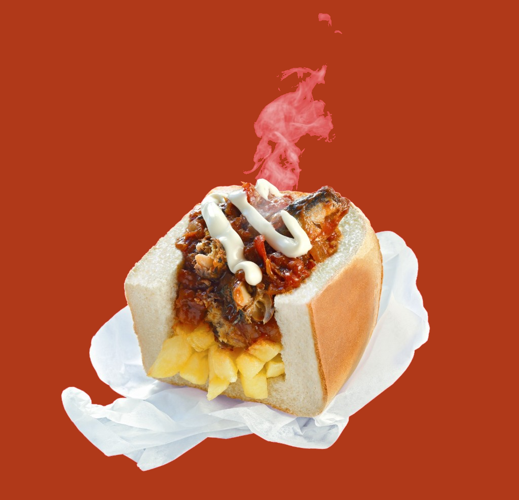 Lucky Chow kota with pilchard stew, chips, and mayonnaise drizzle